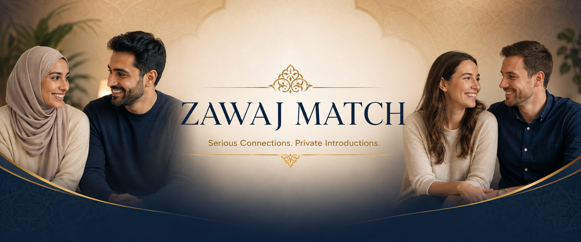 Zawaj Match — Serious Connections. Private Introductions. Two smiling couples illustrate companionship.